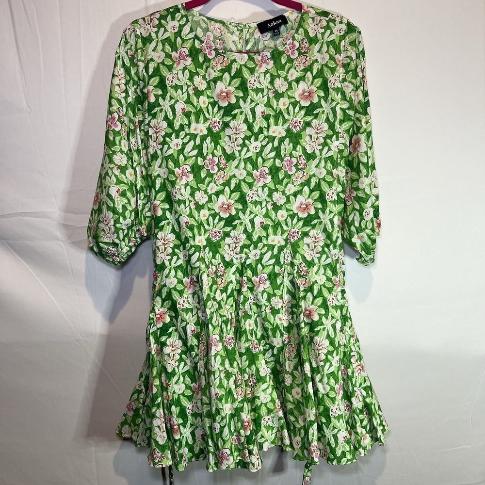 Aakaa Womens Medium Floral Mini Dress‎ Green Long Balloon Sleeve Tie-Belt Spring
